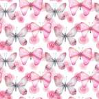 Pattern of pink and gray butterflies with pink roses on a white background.