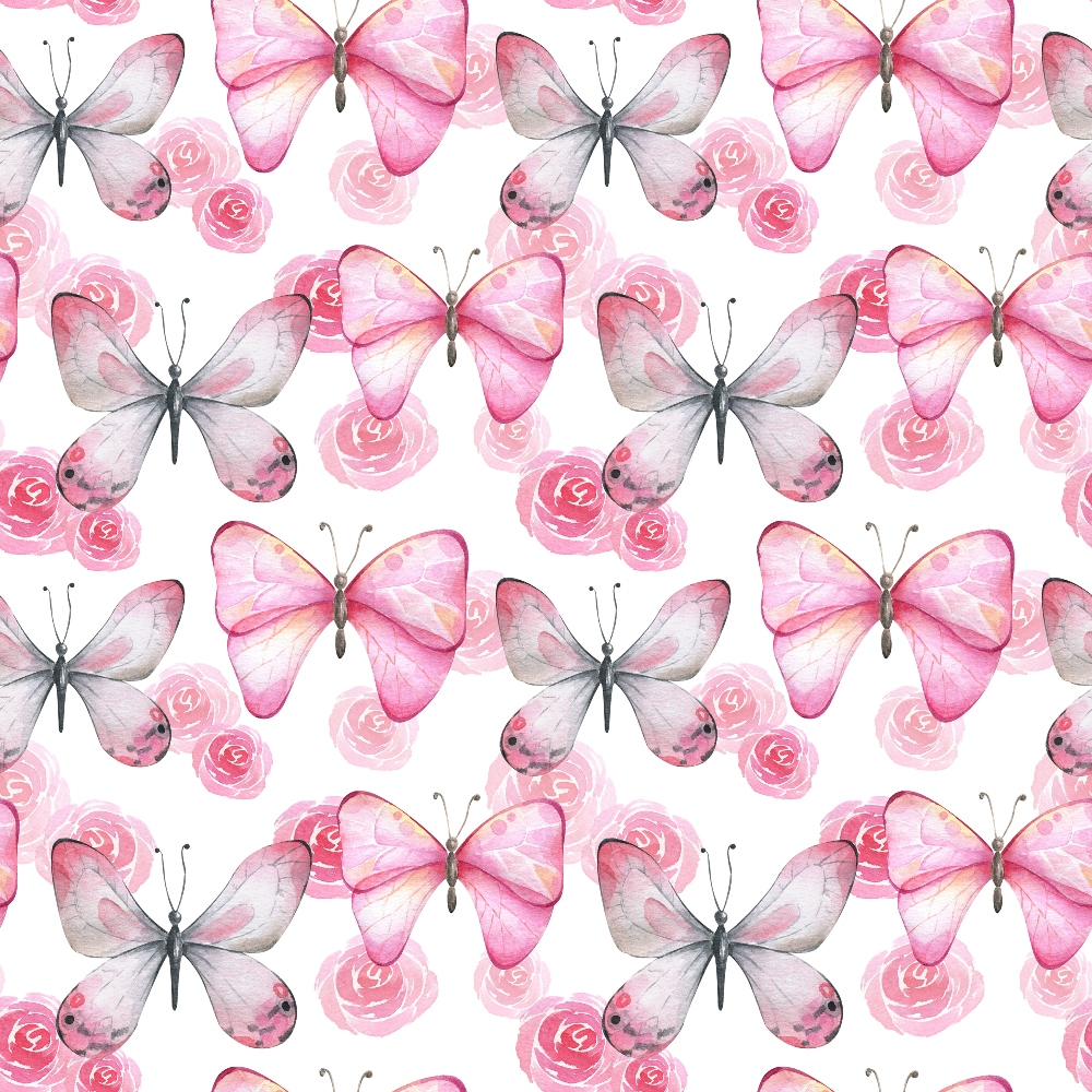 Pattern of pink and gray butterflies with pink roses on a white background.
