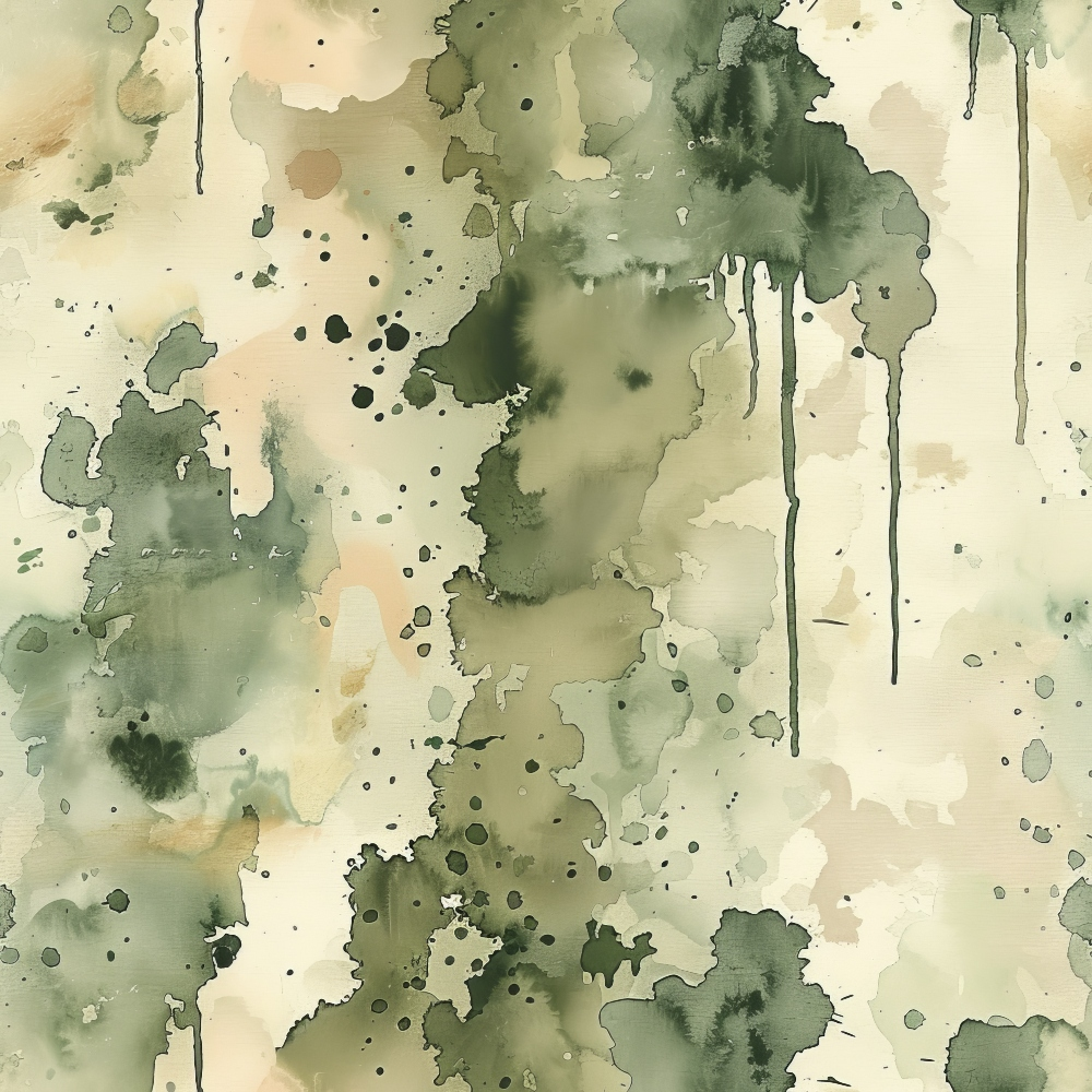 Abstract watercolor painting with green, beige, and brown splatters and drips, creating an organic and fluid design.