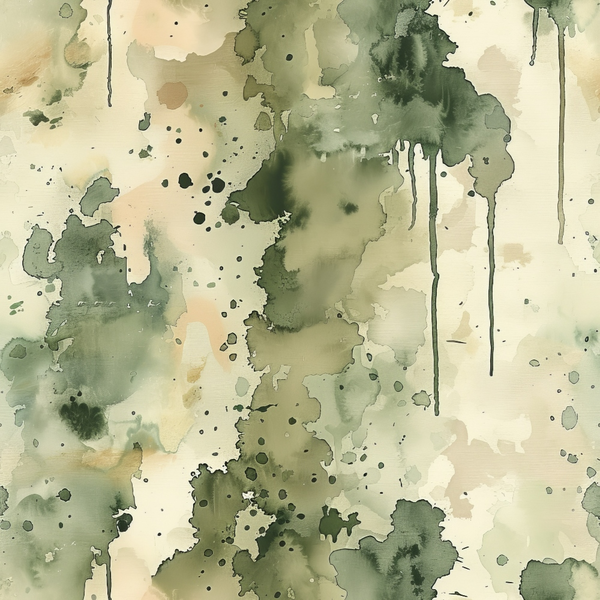Abstract watercolor painting with green, beige, and brown splatters and drips, creating an organic and fluid design.