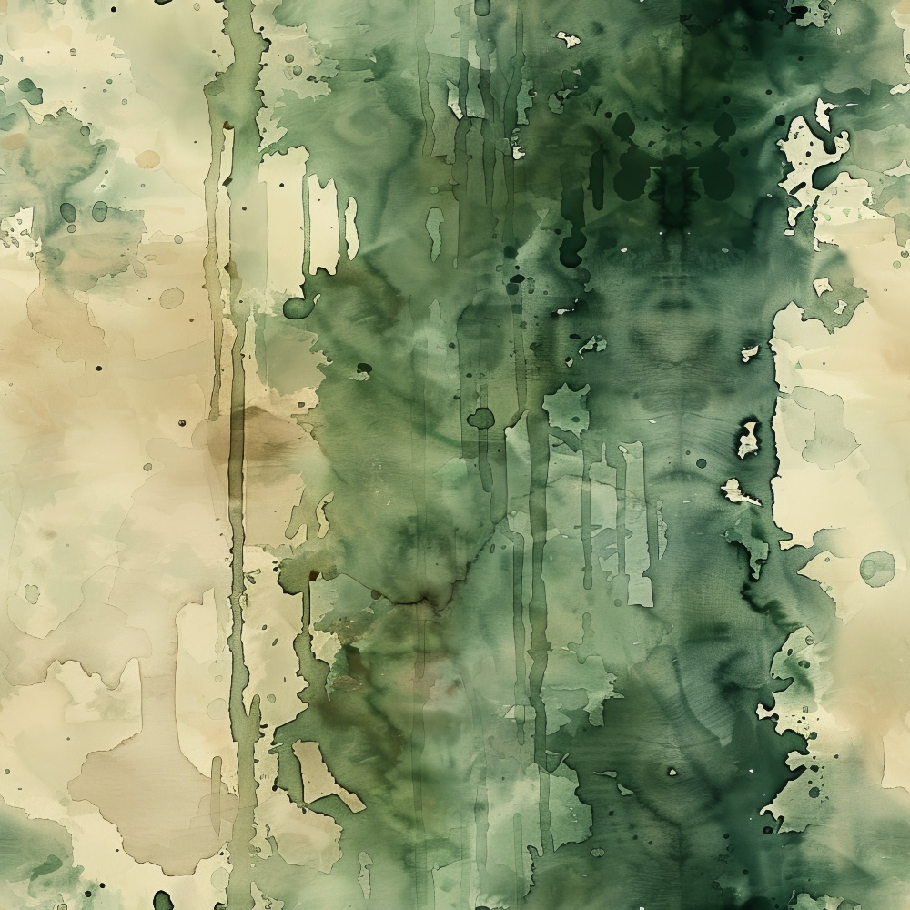 Abstract watercolor painting with shades of green, beige, and brown, featuring vertical drips and splatters across the canvas.
