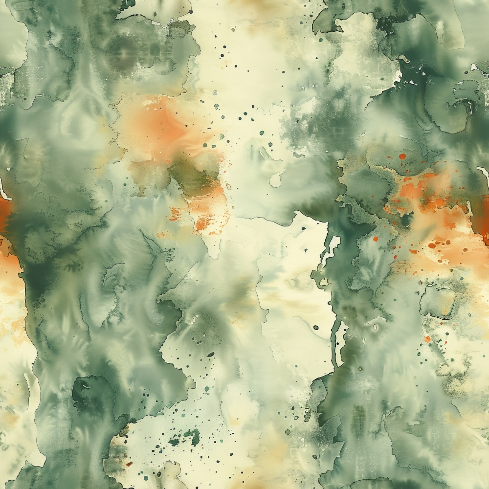 Abstract watercolor texture with green, orange, and cream splashes and swirls, creating a marbled effect.