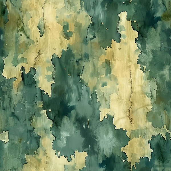 Abstract painting with irregular green, beige, and blue shapes blending together. The texture resembles camouflage with fluid transitions between colors.