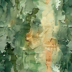 Abstract painting with textured brushstrokes in green, beige, and hints of orange, creating a layered effect reminiscent of a landscape.