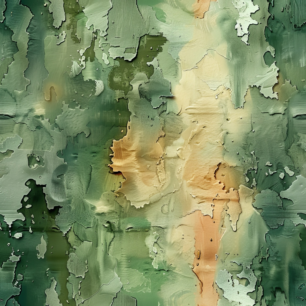 Abstract painting with textured brushstrokes in green, beige, and hints of orange, creating a layered effect reminiscent of a landscape.