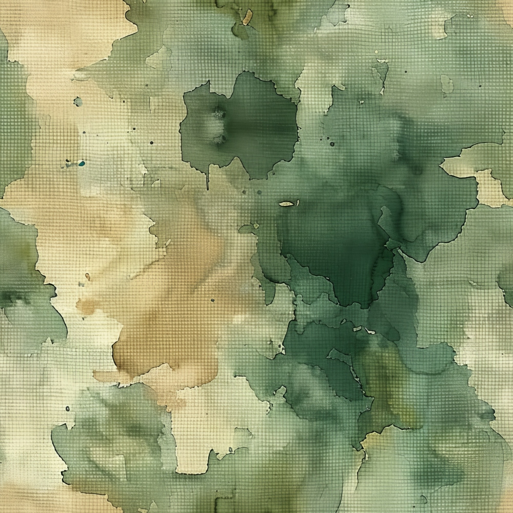 Abstract green and beige watercolor painting with textured, cloud-like patterns.