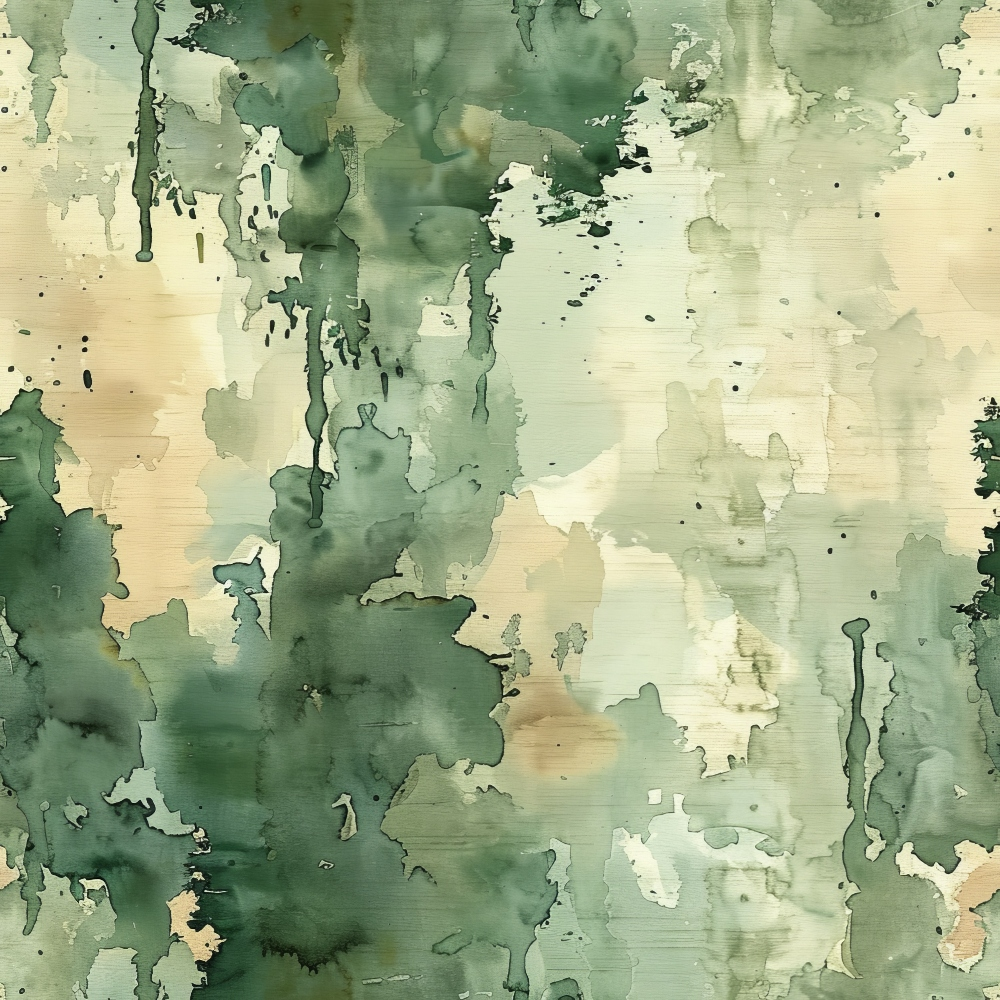 Abstract watercolor pattern featuring shades of green, beige, and gray, with vertical drips and splatters creating a textured appearance.