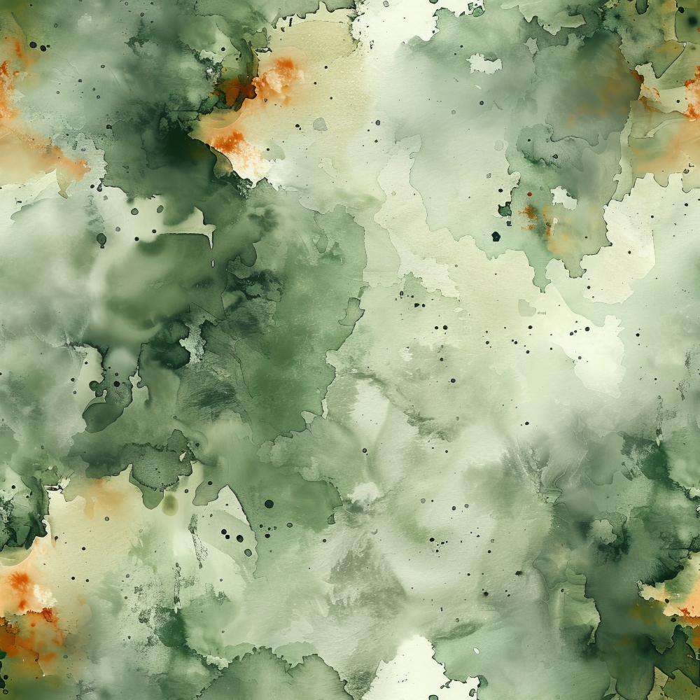 Abstract watercolor painting with shades of green, white, and splashes of orange. Blended, organic shapes create a textured, fluid appearance.