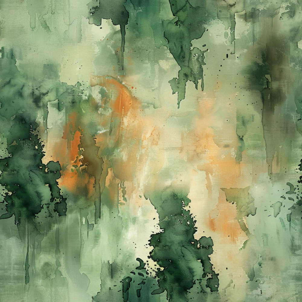 Abstract painting with flowing green, orange, and beige hues. The colors blend and drip, creating an organic, textured appearance.