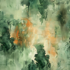 Abstract painting with flowing green, orange, and beige hues. The colors blend and drip, creating an organic, textured appearance.