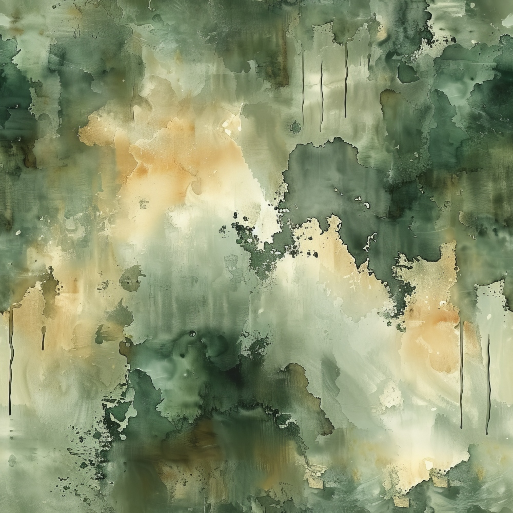 Abstract watercolor painting with shades of green, beige, and white. The design features blurred edges, drips, and soft transitions between colors.