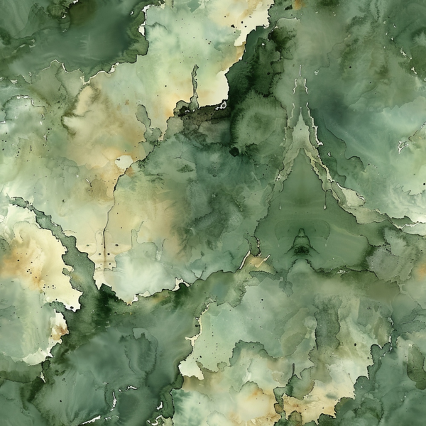 Abstract watercolor artwork featuring shades of green and beige, resembling natural stone textures.