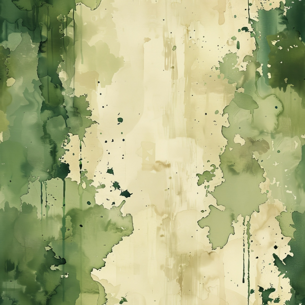 Abstract watercolor painting with shades of green and beige in uneven patterns, featuring drips and splatters throughout.