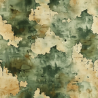 Abstract art piece with irregular green and beige patches, resembling a camouflage pattern. The colors blend and overlap, creating a textured, organic appearance.