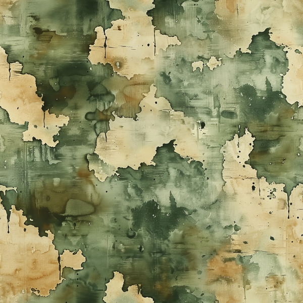 Abstract art piece with irregular green and beige patches, resembling a camouflage pattern. The colors blend and overlap, creating a textured, organic appearance.