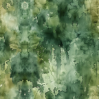 Abstract watercolor pattern with green and beige tones, featuring symmetrical shapes and organic forms.