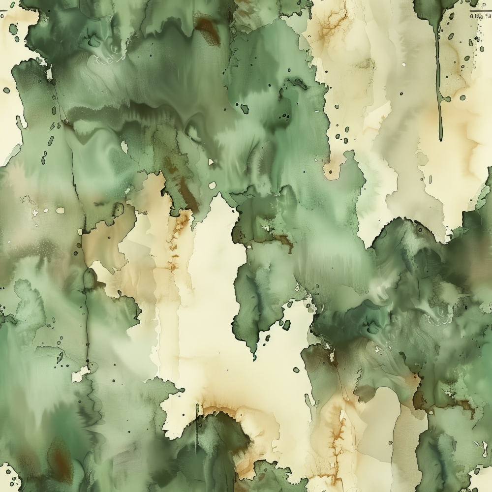Abstract watercolor artwork in shades of green, beige, and brown, with fluid, wavy patterns and blurred edges.