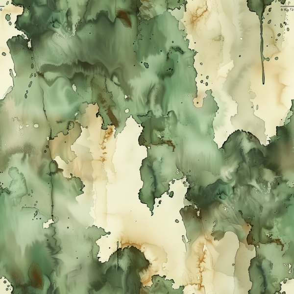 Abstract watercolor artwork in shades of green, beige, and brown, with fluid, wavy patterns and blurred edges.
