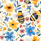 Illustration of bees and colorful flowers, including yellow, blue, and pink blooms, on a light background.