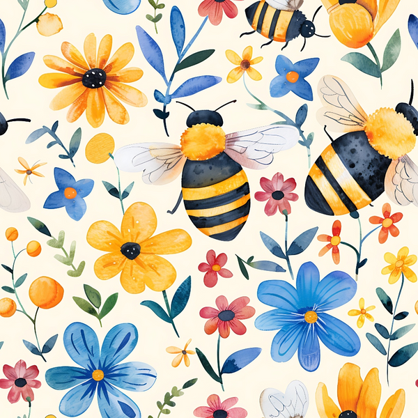 Illustration of bees and colorful flowers, including yellow, blue, and pink blooms, on a light background.