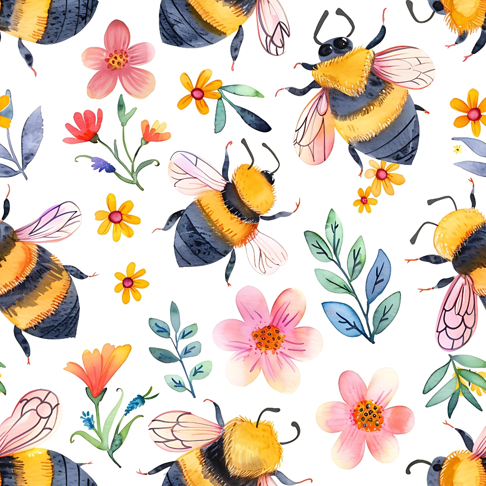 Pattern featuring watercolor bees and colorful flowers on a white background.