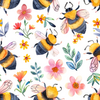 Pattern featuring watercolor bees and colorful flowers on a white background.
