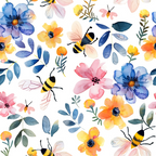 Watercolor illustration of blue, pink, and yellow flowers with green leaves, featuring flying bees with translucent wings on a white background.