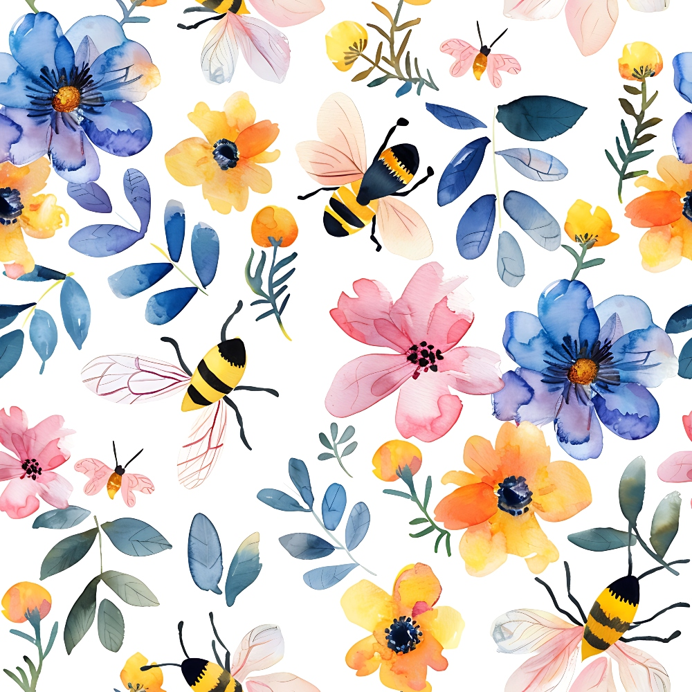 Watercolor illustration of blue, pink, and yellow flowers with green leaves, featuring flying bees with translucent wings on a white background.