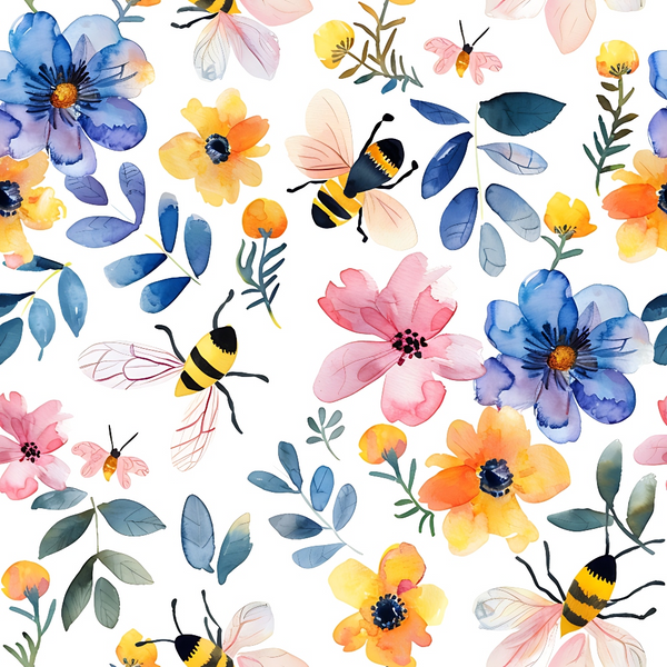 Watercolor illustration of blue, pink, and yellow flowers with green leaves, featuring flying bees with translucent wings on a white background.