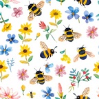 Watercolor pattern of bees and a variety of colorful flowers on a white background.