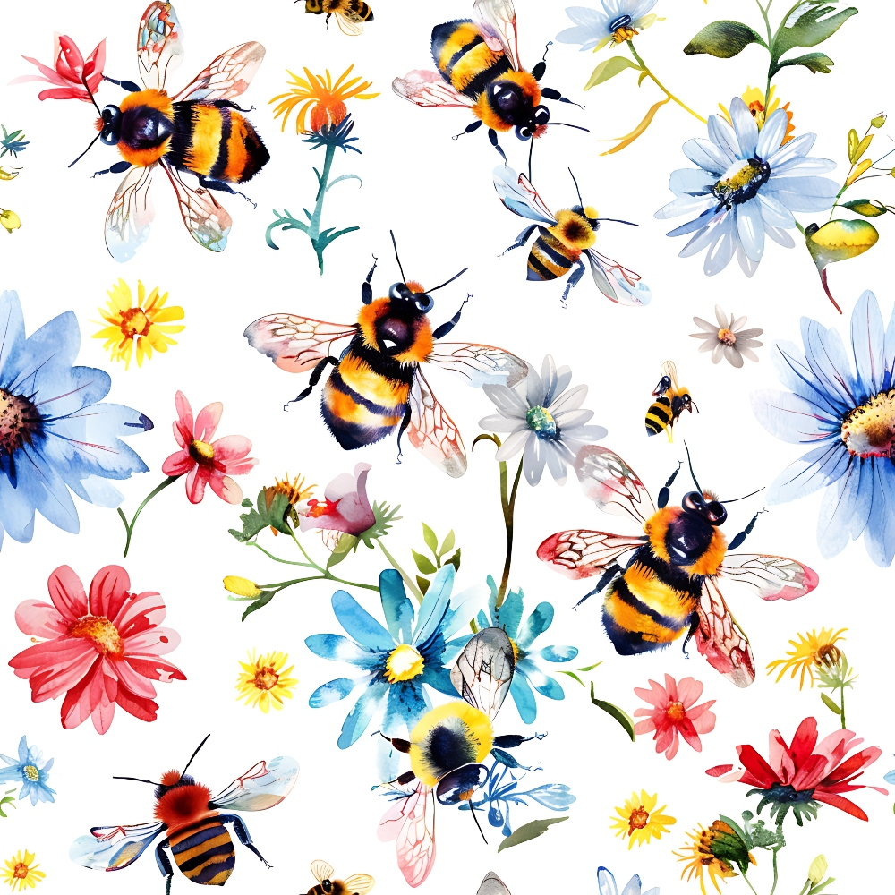 Illustration of bees flying among various colorful flowers, including daisies and asters, on a white background.