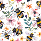 Illustration of bees and colorful flowers with a white background. The scene includes various blooms and leaves alongside the bees.
