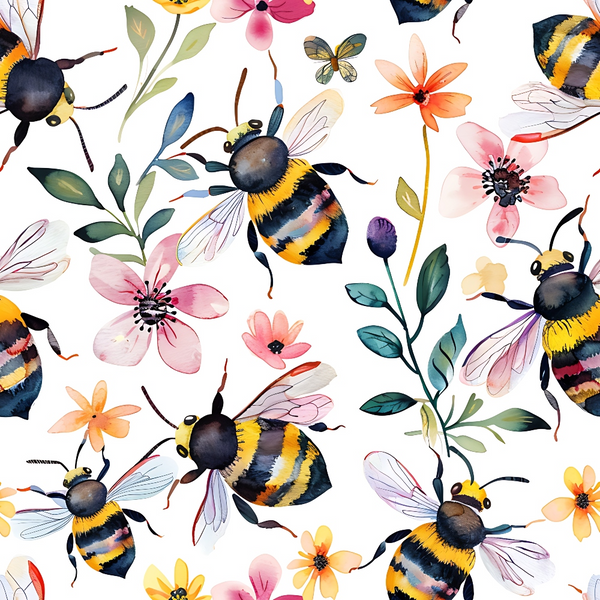Illustration of bees and colorful flowers with a white background. The scene includes various blooms and leaves alongside the bees.