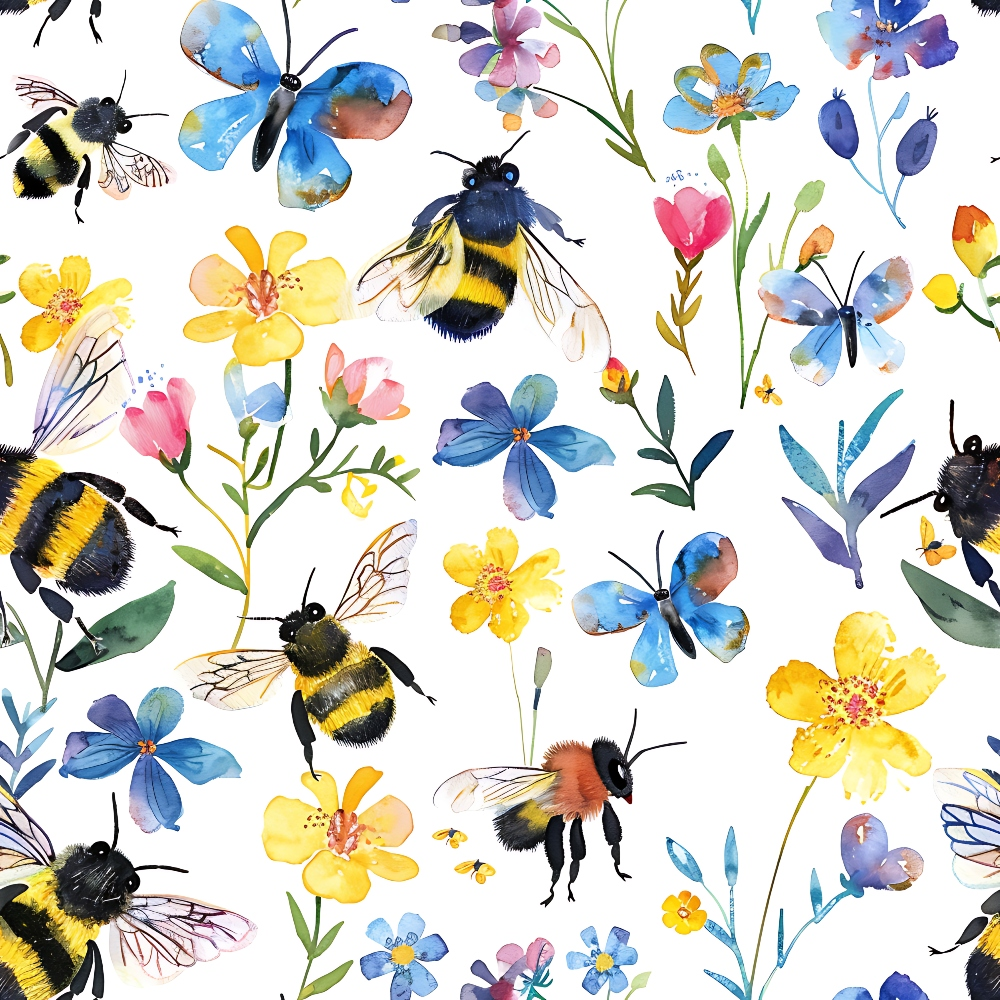Colorful watercolor pattern of bees, butterflies, and flowers on a white background.