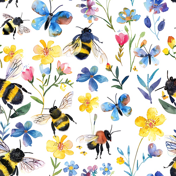 Colorful watercolor pattern of bees, butterflies, and flowers on a white background.