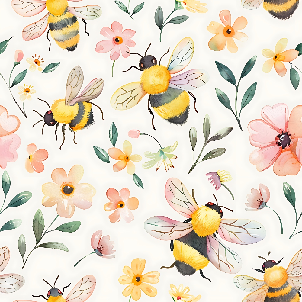 Illustrated bees and pastel flowers on a light background, arranged in a seamless pattern.