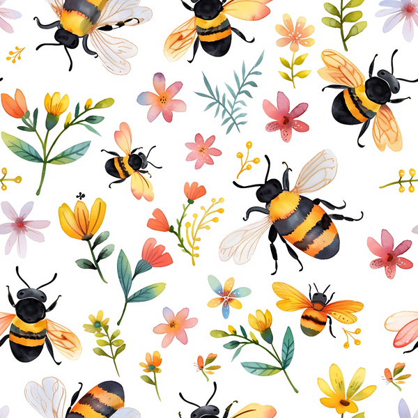 Illustration of bees and colorful flowers scattered on a white background.