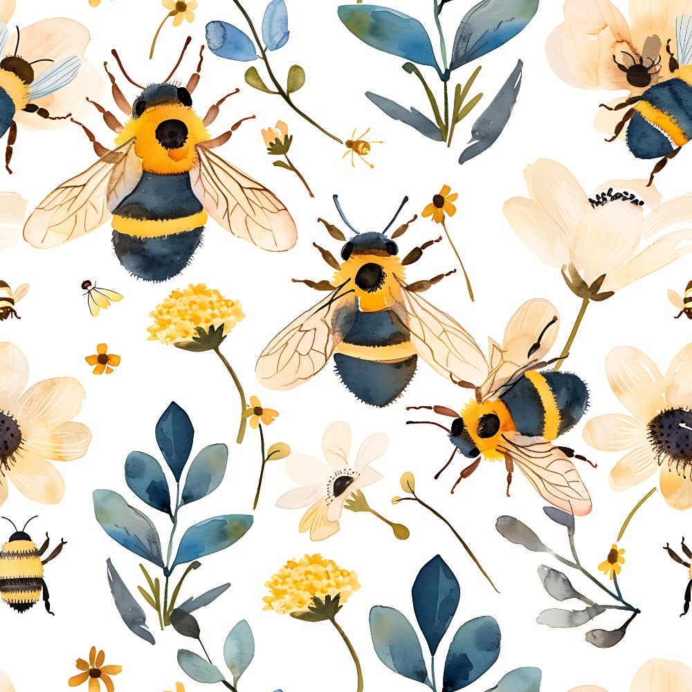 Illustration of bees and various flowers in shades of blue, yellow, and cream against a white background.