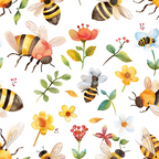 Illustration of various bees and assorted flowers and leaves on a white background.