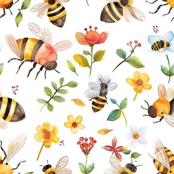 Illustration of various bees and assorted flowers and leaves on a white background.