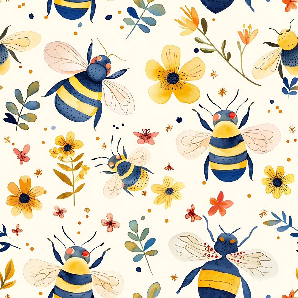 Illustrated pattern of bees and various flowers in blue, yellow, and orange on a light background.