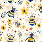 Illustrated pattern of bees and various flowers in blue, yellow, and orange on a light background.
