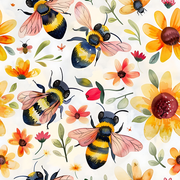 Illustrated bees with pink wings are surrounded by various colorful flowers, including sunflowers and daisies, on a light background.