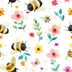 Watercolor pattern of bees, flowers, and leaves on a light background.
