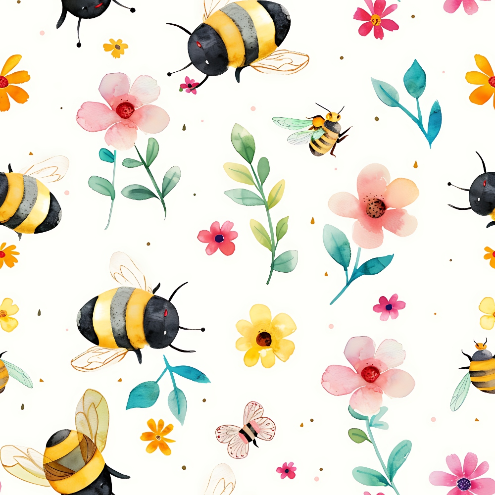 Watercolor pattern of bees, flowers, and leaves on a light background.