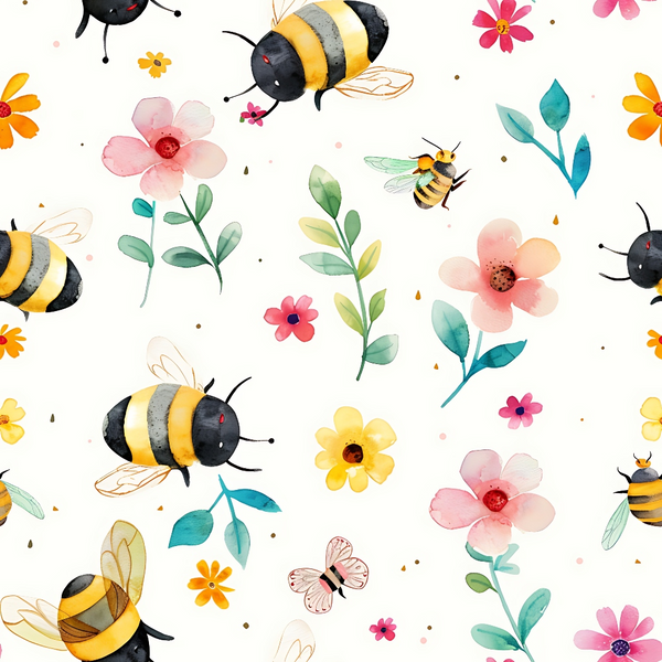Watercolor pattern of bees, flowers, and leaves on a light background.