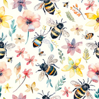 Watercolor illustration of bees and various flowers in pastel colors on a light background.