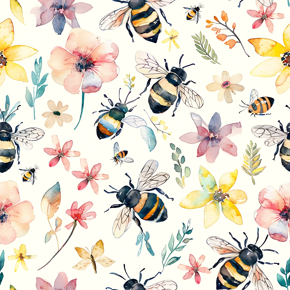 Watercolor illustration of bees and various flowers in pastel colors on a light background.