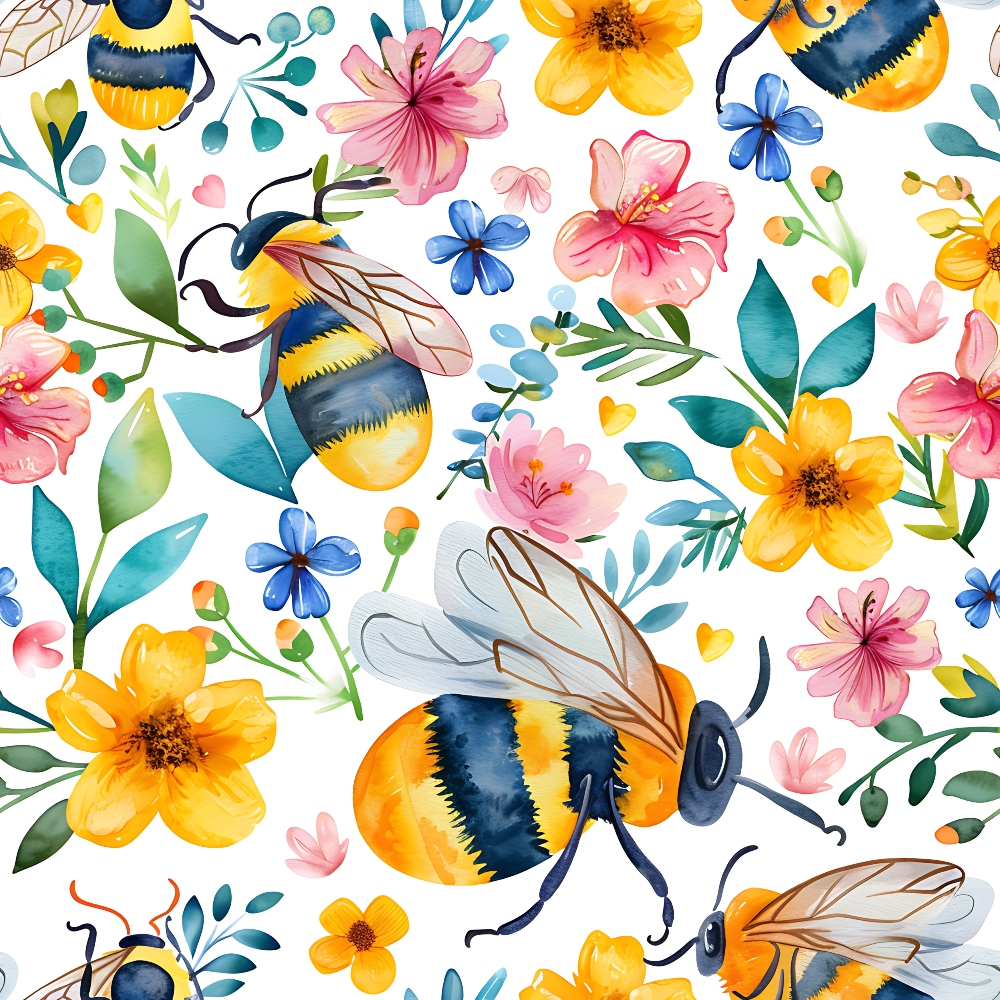 Colorful watercolor illustration of bees and various flowers, including yellow, pink, and blue blooms, on a white background.