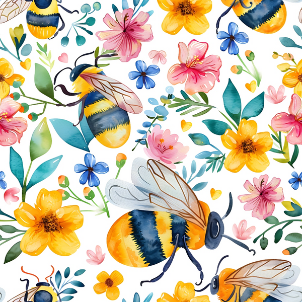Colorful watercolor illustration of bees and various flowers, including yellow, pink, and blue blooms, on a white background.